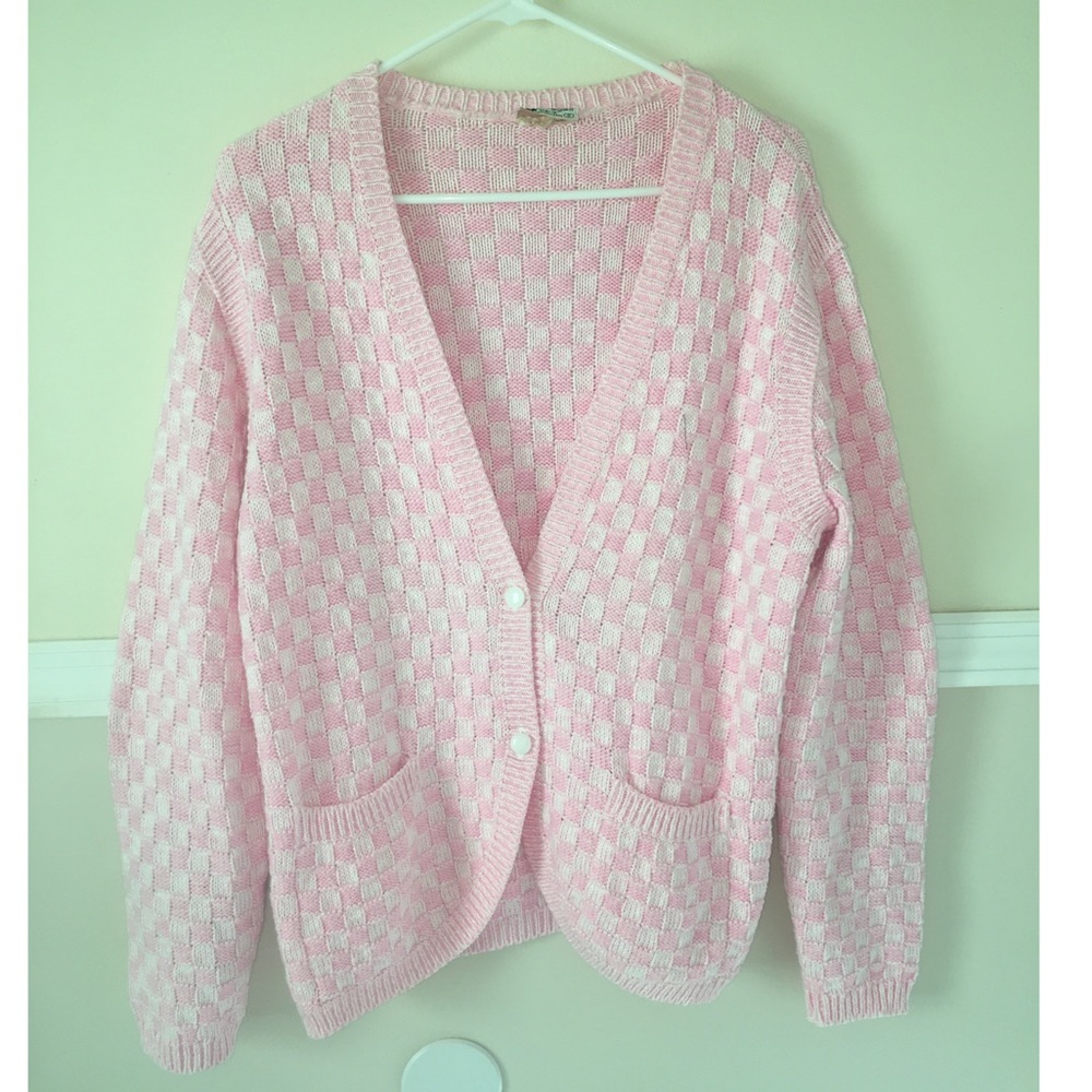 Baby pink and white checkered cardigan/sweater